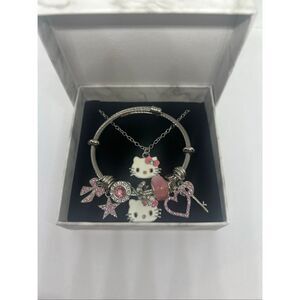 🎀 Hello Kitty Pink Charm Bracelet And Necklace – Silver Tone – Rhinestones & Be